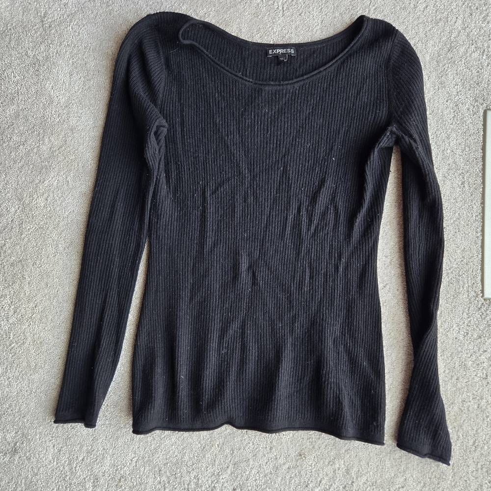 Express Black Ribbed Long Sleeve Lightweight Sweater Vintage Merino Wool Blend